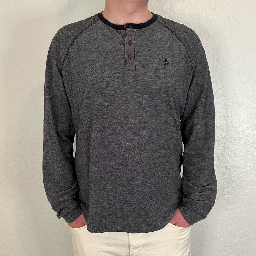 Men’s Grey/Navy Penguin 3-Button Henley Long Sleeve T-shirt Size XL